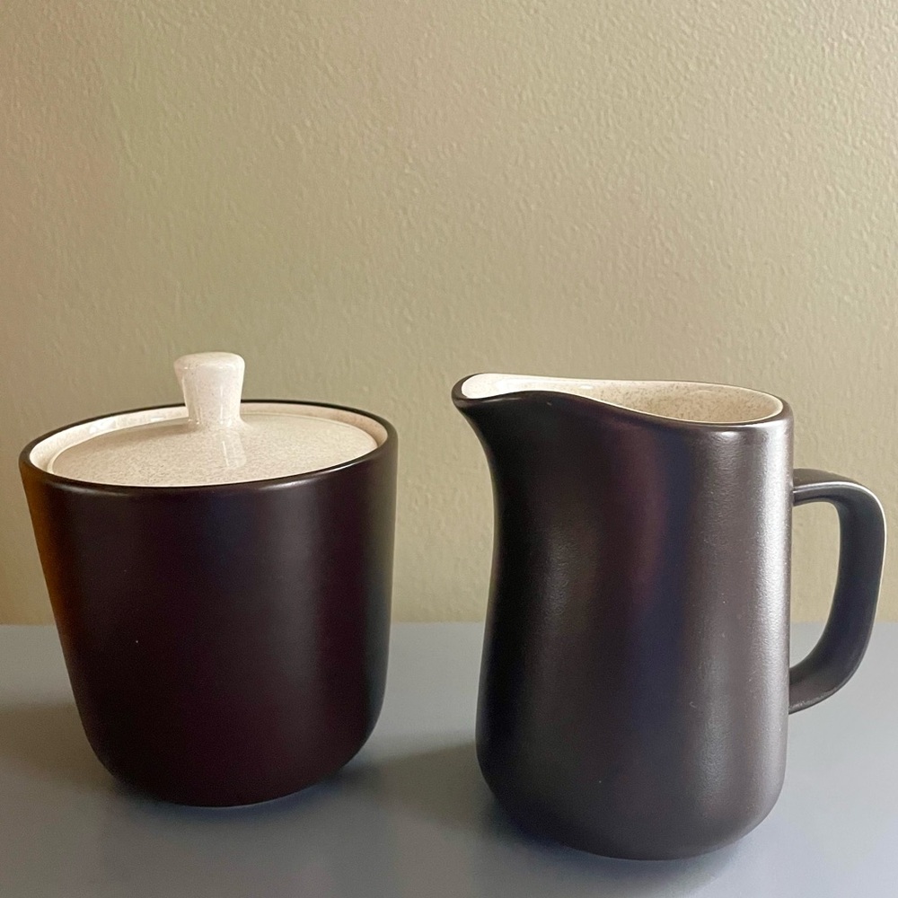 Vintage Mikasa Terra Stone Vanilla Covered Sugar Creamer Set E1955 Japan MCM